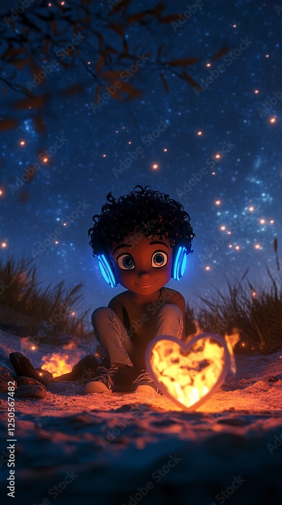 Fototapeta premium Dreamy Night A Child's Heartfelt Moment Under the Stars