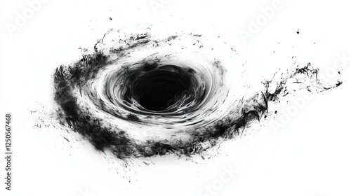 Black Hole Dynamics, an artistic portrayal of a black hole with swirling light and matter against a white backdrop, showcasing cosmic phenomena.