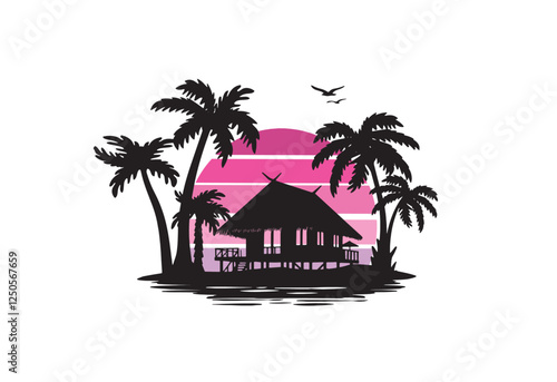 tropical landscape with hut by the ocean vector silhouette island. palm landscape and pink sunset vector silhouette