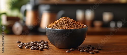 Instant coffee granules in a teaspoon with coffee beans and a warm cafe background showcasing a cozy coffee atmosphere.