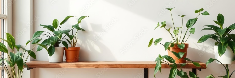 Fototapeta premium Small potted plant on wooden shelf in room, adding touch of nature to space, lifestyle, interior