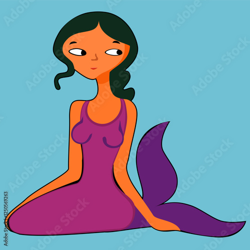 little mermaid, whimsical cartoon mermaid on solid light blue background. Cute little mermaid figurine character