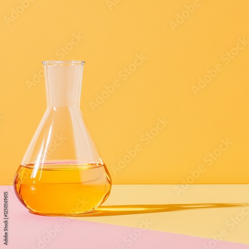 Vibrant Scientific Tableaus Glass Beaker with Amber Solution on Pastel Backdrop - Trendy STEM Content and Educational Marketing Design for Knowledge Engagement photo