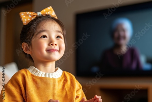 Cozy Modern Family Gathering Korean Child Opening Birthday Gifts in Warm Decor with Virtual Grandparent Video Call - Social Engagement and Event Marketing Innovation photo