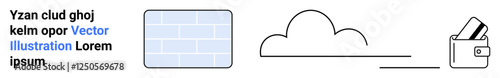 Simple line art of a light blue brick wall, a cloud with a line, and a wallet with papers. Ideal for construction, technology, security, finance, weather cloud storage and minimalism. Landing page