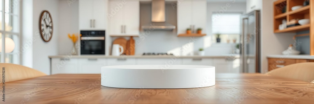 Close up view of kitchen table podium in bright modern kitchen, showcasing wooden texture and minimalist design, kitchen, modern Close up view of kitchen table podium in bright modern kitchen, showcasing wooden texture and minimalist design, kitchen, modern