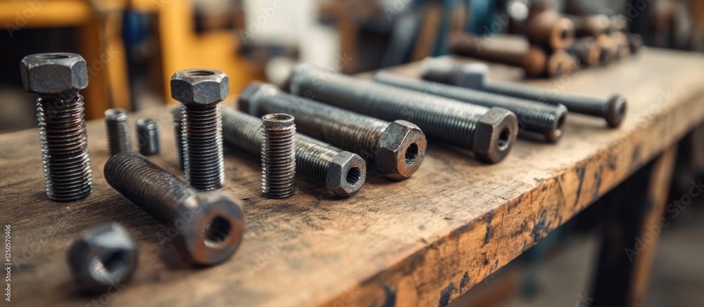 Assorted Metal Bolts and Nuts on a Workbench in a Workshop Setting for Mechanical and Industrial Applications Assorted Metal Bolts and Nuts on a Workbench in a Workshop Setting for Mechanical and Industrial Applications