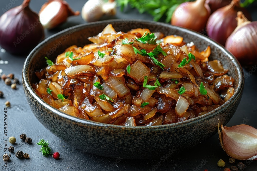 Caramelized onions in a rustic bowl, garnished with fresh parsley. Perfect for adding rich flavor and visual appeal to dishes like soups, stews, or as a side. Caramelized onions in a rustic bowl, garnished with fresh parsley. Perfect for adding rich flavor and visual appeal to dishes like soups, stews, or as a side.