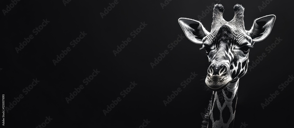 Elegant Black and White Giraffe Portrait Against Dark Background with Empty Space for Customizable Text or Graphic Elements Elegant Black and White Giraffe Portrait Against Dark Background with Empty Space for Customizable Text or Graphic Elements