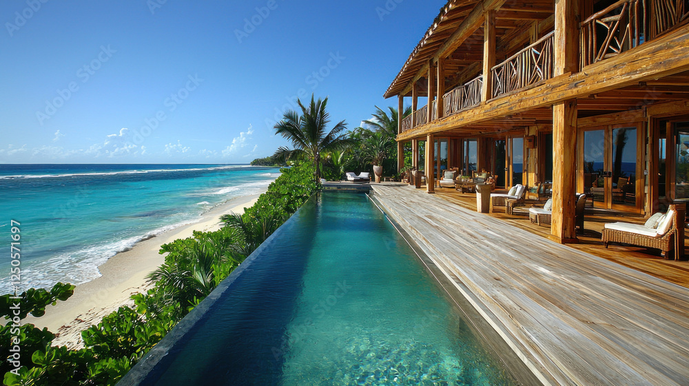 Infinity pool overlooking tropical beach at luxury wooden villa Infinity pool overlooking tropical beach at luxury wooden villa