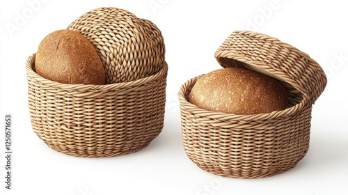 Wicker bread baskets, open and closed, studio shot photo