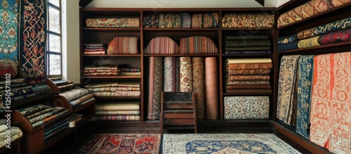 Diverse Traditional Fabric Motifs Display in Textile Store Interior Medan Indonesia photo