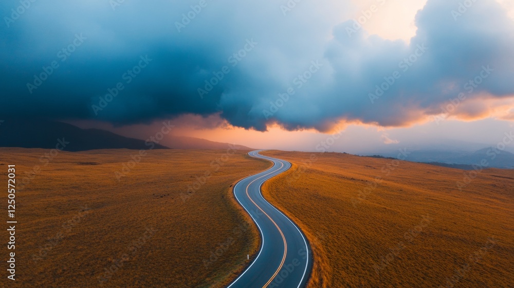 Fototapeta premium Moody Aerial Highway in Stormy Landscape Dynamic Visual for Emergency Preparedness Campaigns and Climate Change Awareness in Public Safety Media