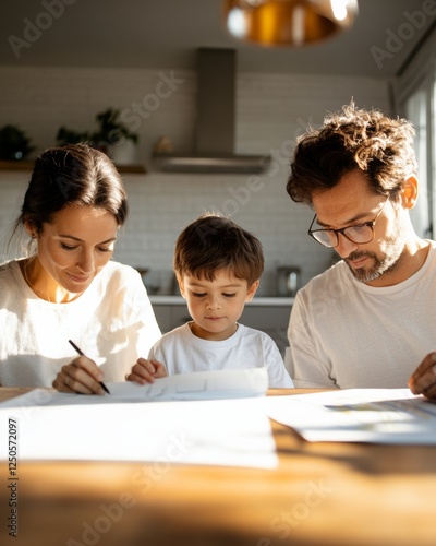 Sunlit Urban Family Budgeting Modern Lifestyle and Practical Finance in Casual Kitchen Setting - Dynamic Family Interaction for Financial Planning Content