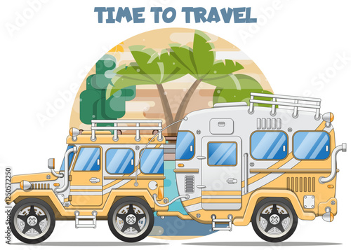 Traveling in a сamper trailer. Isolated on white background. Vector illustration.