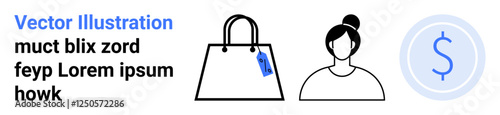 Shopping bag with price tag, female profile, and currency icon suggesting retail, e-commerce, financial planning, marketing, customer shopping, branding, sales strategy flat landing page banner