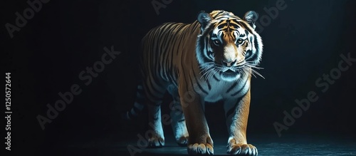 Majestic tiger emerging from shadows with dark background and ample space for text or branding elements photo