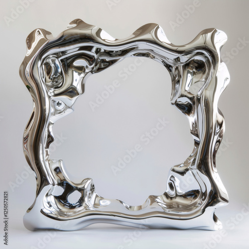 3D Render of Abstract Liquid Metal Mirror with Irregular Frame