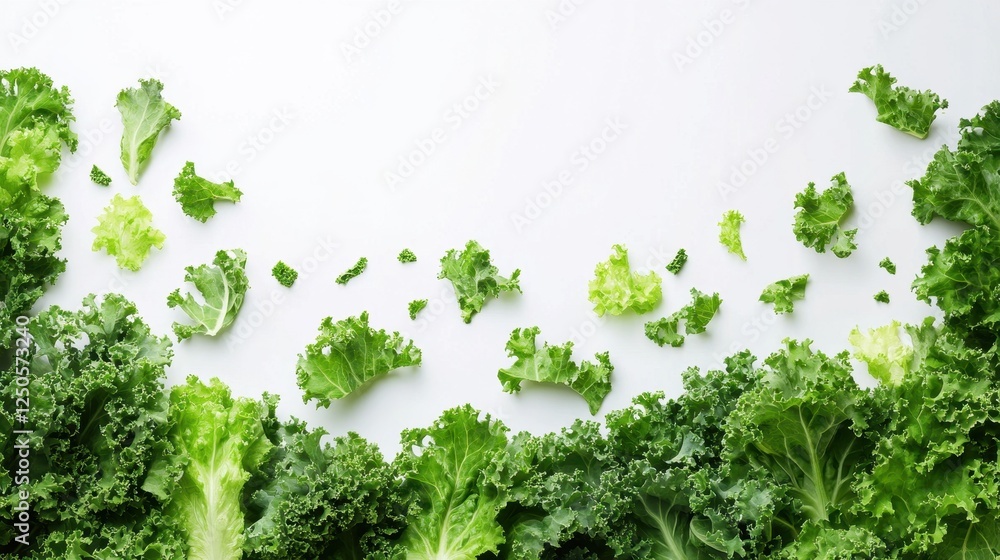 Obraz premium Fresh kale leaves scattered on white. Perfect for healthy eating, recipes, or vegan blogs.