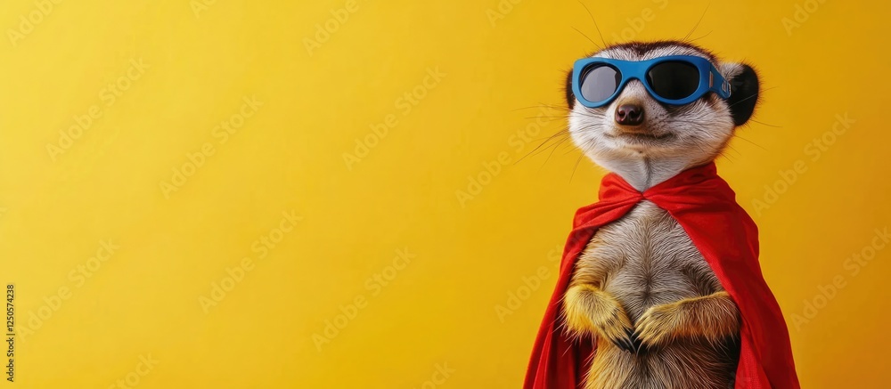 Meerkat dressed as a superhero in sunglasses and cape against a bright yellow background with space for your text or message. Meerkat dressed as a superhero in sunglasses and cape against a bright yellow background with space for your text or message.