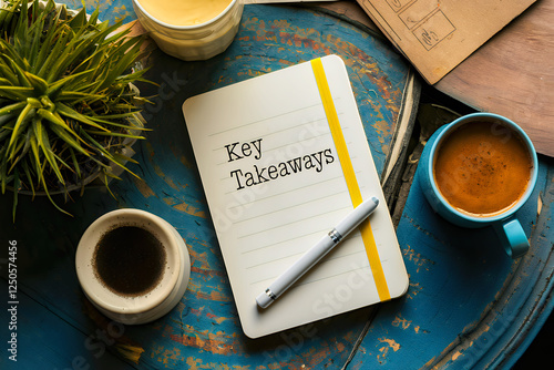 Notepad, key takeaways, coffee, plan