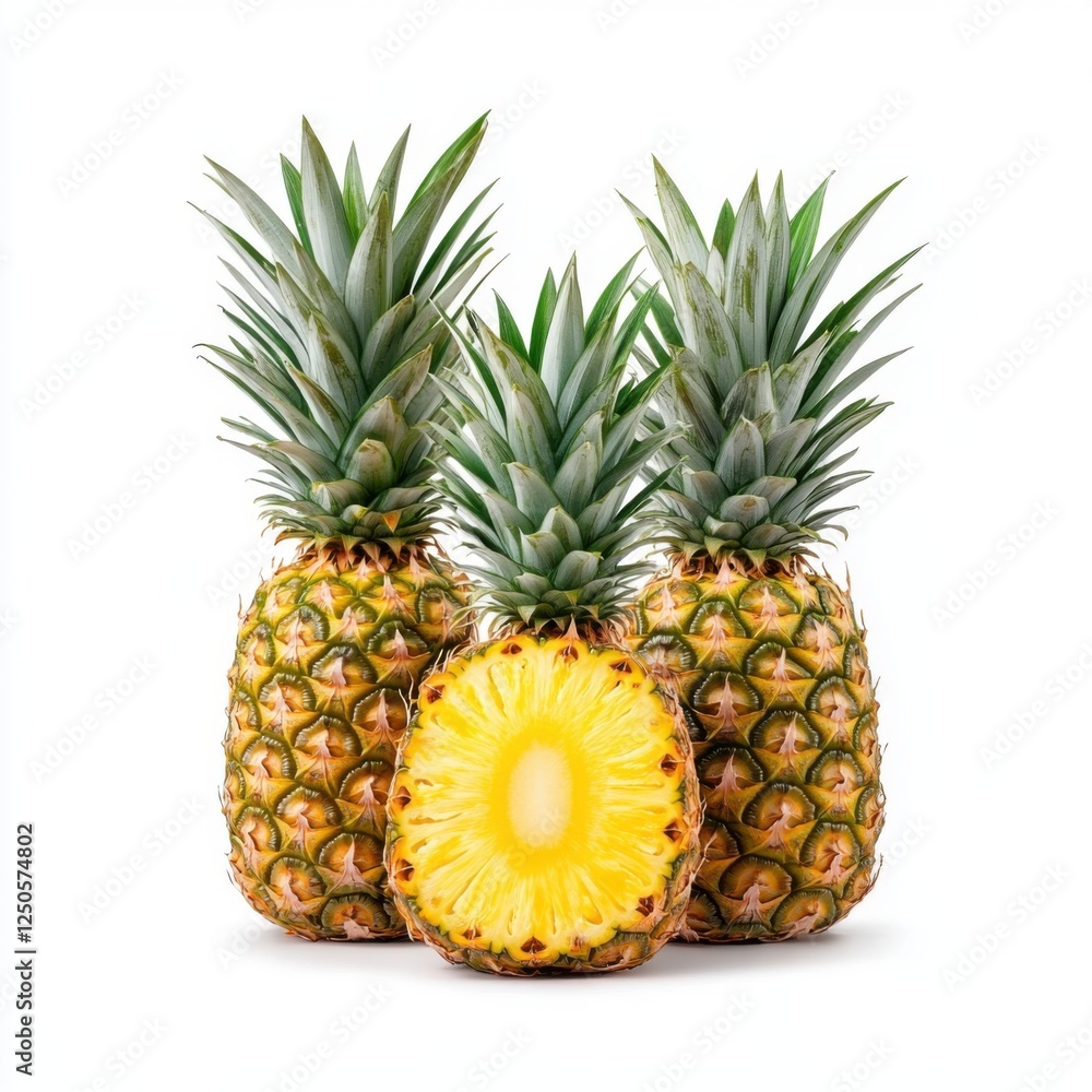Fresh and Juicy Pineapples Whole and Sliced on Isolated White Background for Culinary and Health Themes Fresh and Juicy Pineapples Whole and Sliced on Isolated White Background for Culinary and Health Themes