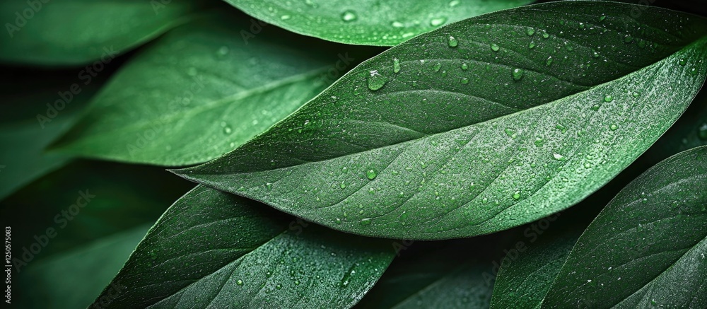 Obraz premium Macro shot of vibrant green leaf texture showcasing drops of water for nature-themed backgrounds and design elements.