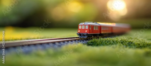 Miniature Railway Toy Train on Tracks in Scenic Nature Background with Empty Space for Text and Design Elements photo