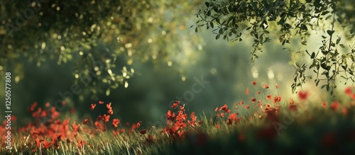 Serene Nature Scene with Blurred Greenery and Vivid Red Flowers in a Soft Focus Background