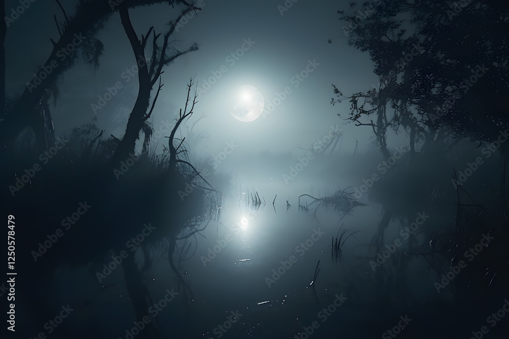 Fototapeta premium Misty Midnight Lake Reflecting the Moonlight in Serene Solitude