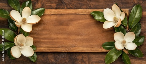 Magnolia flowers arranged on a wooden board with empty space for text and a pastel background enhancing the floral design elements.