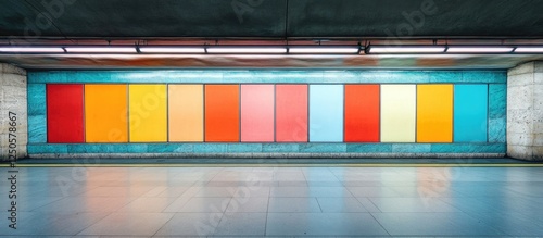 Metro station billboard with vibrant blank panels ready for music advertising and promotional text in an urban environment photo