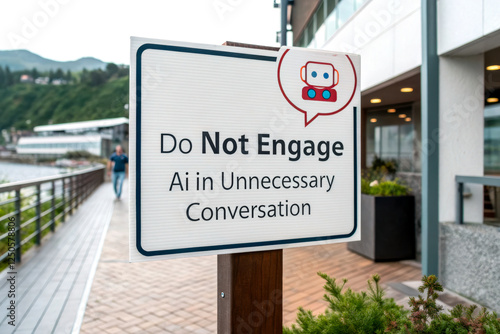 A sign warns against engaging in unnecessary conversations with AI, displayed in a modern outdoor setting by a waterfront.