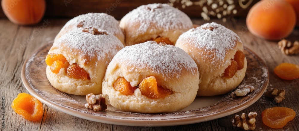 Lush sweet buns filled with dried apricots and walnuts dusted with powdered sugar on a rustic wooden table. Lush sweet buns filled with dried apricots and walnuts dusted with powdered sugar on a rustic wooden table.