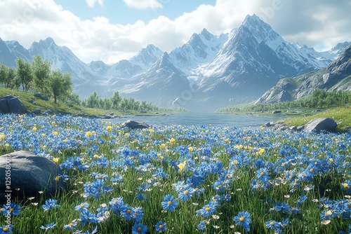 A wide shot of rocks and grass with blue wildflowers, mountains in the background, Unreal Engine video game style.