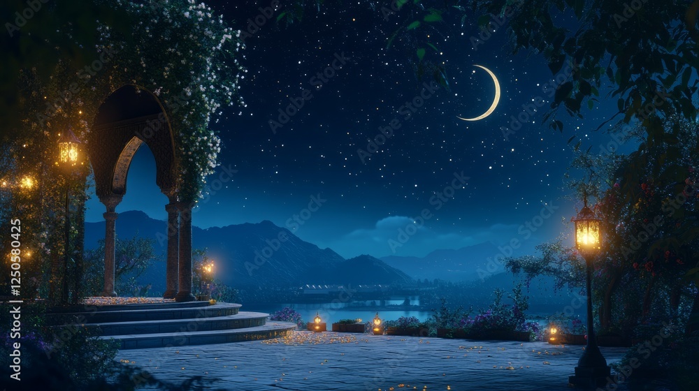 Obraz premium Panoramic dark blue twilight sky with crescent moon and shining star for ramadan kareem, eid mubarak, eid al-adha, eid al-fitr, and islamic new year background design, symbolizing peace, spirituality,