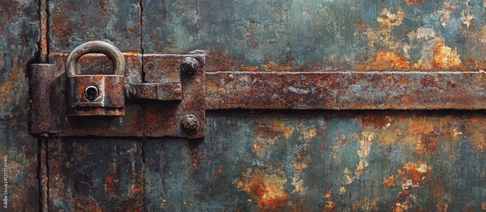 Rusty metal door with a locked padlock showcasing weathered textures and colors of decay, symbolizing security and neglect. Rusty metal door with a locked padlock showcasing weathered textures and colors of decay, symbolizing security and neglect.