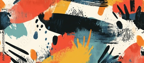 Vibrant abstract pattern with dynamic brush strokes and randomized shapes in bold colors for creative design projects