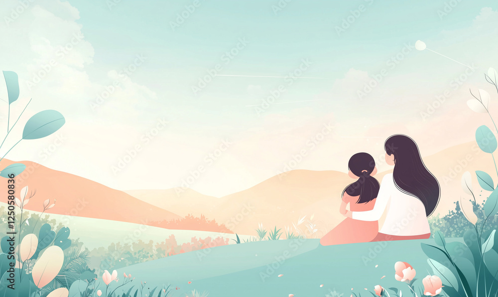 A serene illustration of a woman and child overlooking a tranquil landscape, surrounded by soft colors and gentle flora. A serene illustration of a woman and child overlooking a tranquil landscape, surrounded by soft colors and gentle flora.