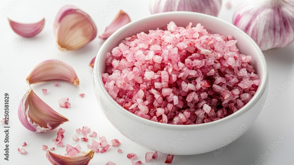 Minced red garlic and pink rock salt in a bowl with garlic cloves on a white background for culinary and food photography themes Minced red garlic and pink rock salt in a bowl with garlic cloves on a white background for culinary and food photography themes