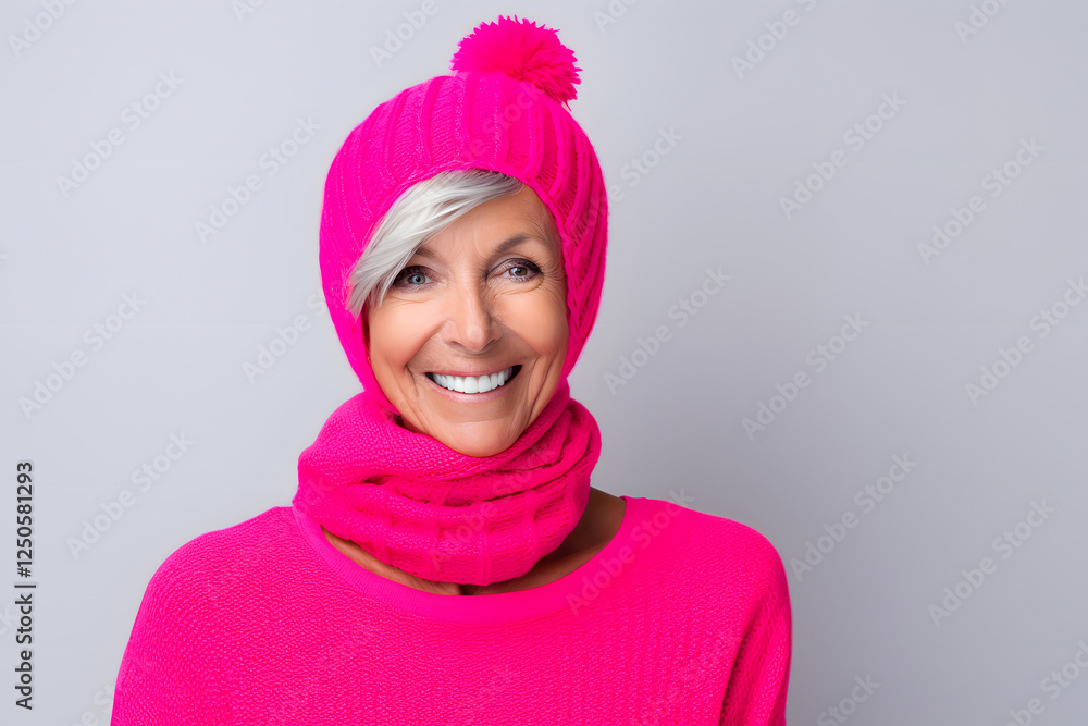 Vibrant Minimalist Studio Portrait of a Smiling Woman in Pink Outfit Vibrant Minimalist Studio Portrait of a Smiling Woman in Pink Outfit