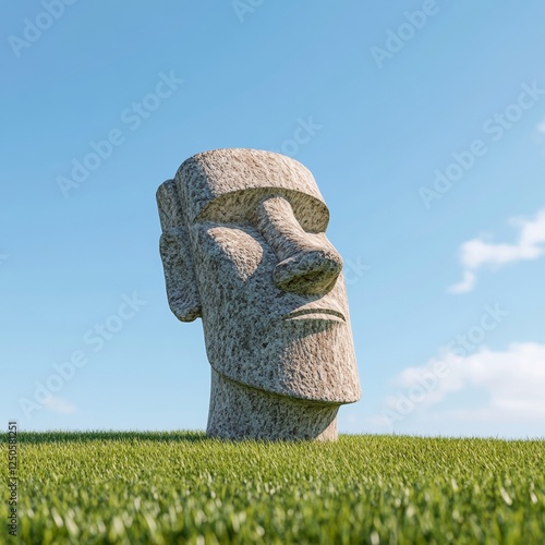 Naturalistic Stone Sculpture Modern Moai Head on Vibrant Green Hill in Sunlight - Archaeological Preservation Graphics and Cultural Heritage Content Creation photo