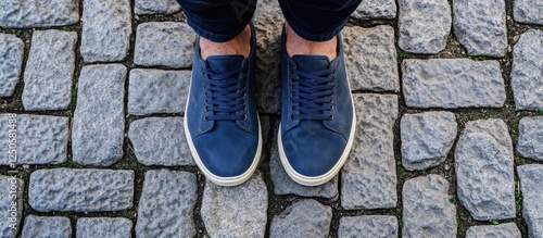 Men's navy sports shoes on textured grey paving stones from a top view perspective showcasing modern athletic footwear and urban surfaces. photo