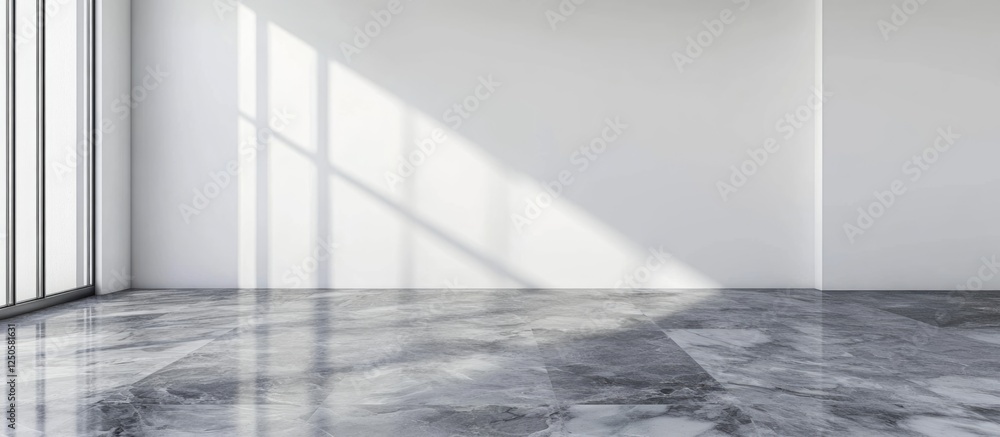 Fototapeta premium Minimalist Bathroom Interior Featuring White Walls and Grey Faux Marble Flooring with Natural Light and Clear Space for Textual Elements