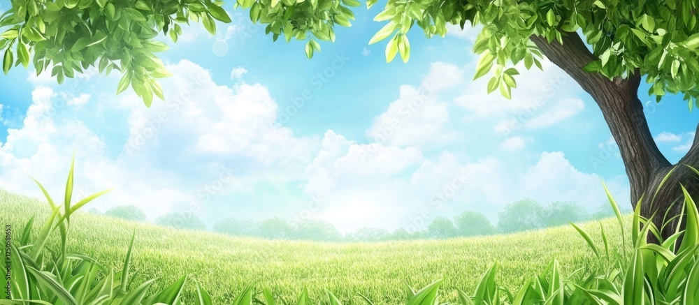 Fototapeta premium Lush green sugar plantation landscape with clouds and bright sky ideal for text overlay or promotional use in agricultural contexts.