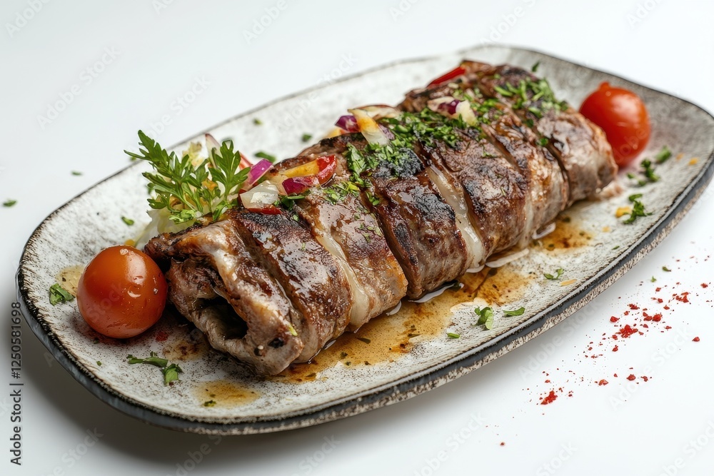 Grilled meat roll with fresh herbs and vegetables. Perfect for restaurant menus or food blogs showcasing delicious meals. Grilled meat roll with fresh herbs and vegetables. Perfect for restaurant menus or food blogs showcasing delicious meals.