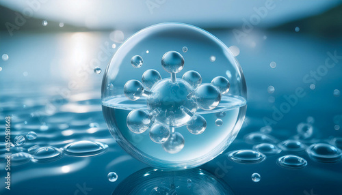 Wallpaper Mural  3d rendering of a transparent liquid bubble containing molecules floating on a light blue Torontodigital.ca
