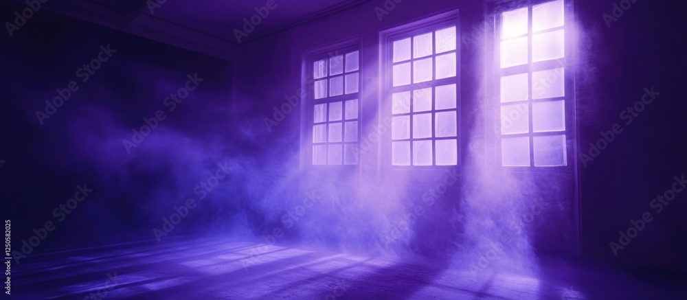 Violet light streaming through windows creates a mystical atmosphere in a dimly lit room at night. Violet light streaming through windows creates a mystical atmosphere in a dimly lit room at night.