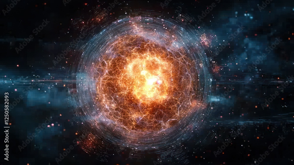 Obraz premium Energy sphere exploding in deep space with nebula backdrop. VFX element