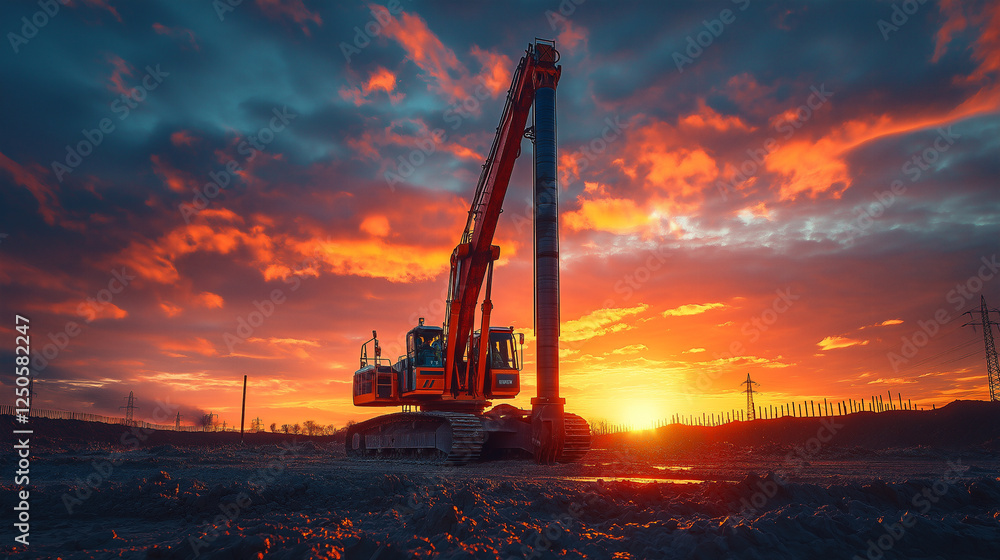 Fototapeta premium Dramatic sunset illuminates pile driver during construction activity at a construction site